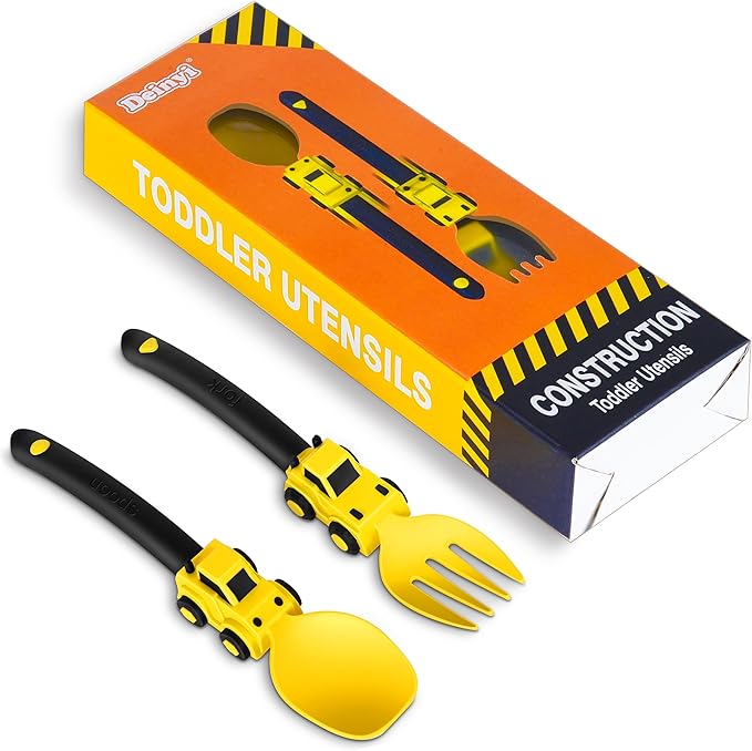 Deinyi Construction Toddler Utensils - Toddler Forks and Spoons - Kids Construction Toys Utensils - Forks and Spoons Silverware Set - Easter Birthday for 1 2 3 4 5 year old, Yellow