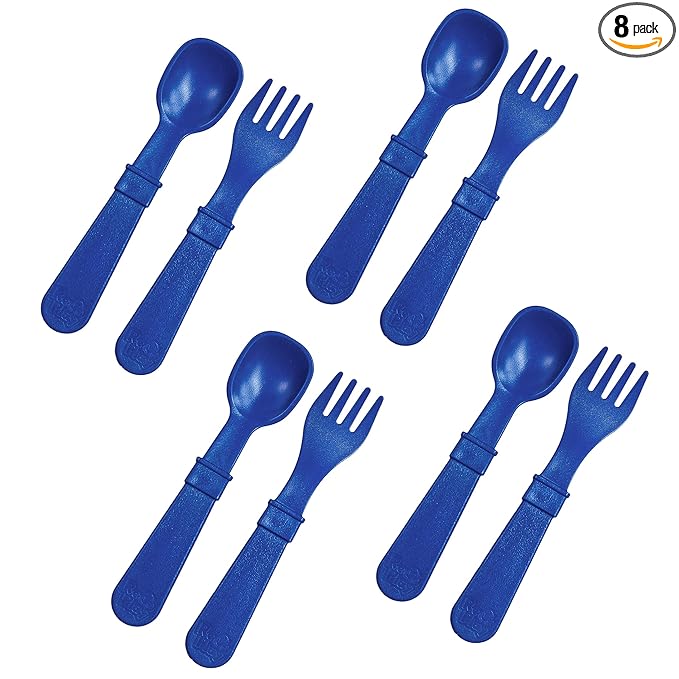 Re-Play Toddler Forks and Spoons Set - 4x4 Utensils Set for Kids - Dishwasher and Microwave Safe - Made in USA - Set of 8-5.8" x 1.2" x 0.2" - Navy Blue
