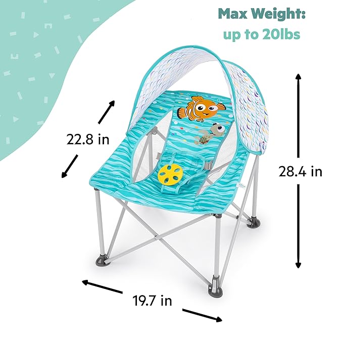 Bright Starts Disney Finding Nemo Pop 'N Chill Baby Chair Travel Seat, Indoor/Outdoor Use, Infant Seat with UPF 50+ Canopy, Blue, Ages 0-6 Months