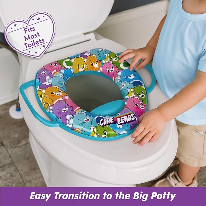 Care Bears Soft Potty Training Seat for Toilet with Storage Hook, Non-Slip Potty Ring with Splash Guard, Built-in Handles for Toddlers