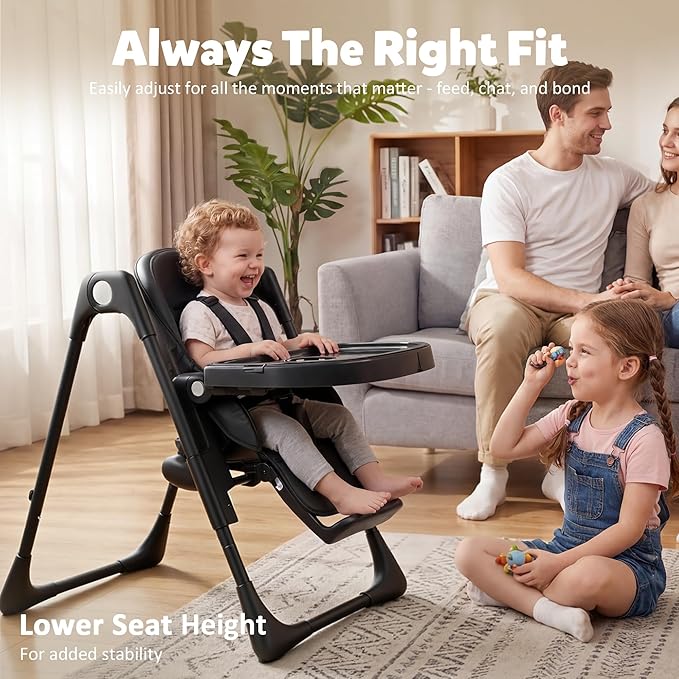 TODEFULL 3 in 1 Foldable Baby High Chair, Infant High Chairs for Babies and Toddlers, 6 Height & 5 Recline Adjustable Toddler Feeding Chair, 2 Tray Depth & 3 Footrest Angles, 2 Built-in Wheels, Black
