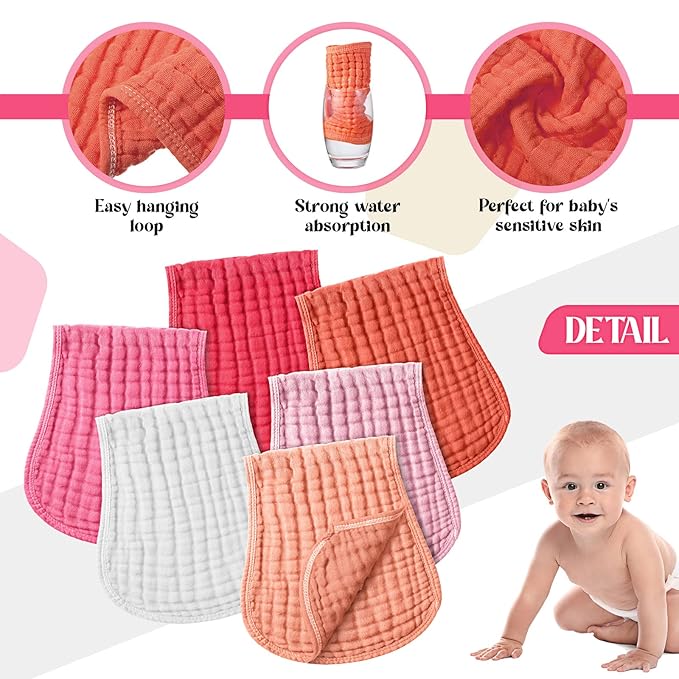 Frienda 6 Pack Muslin Burp Cloths Cotton Large 20''x 9'' Extra Absorbent and Soft Baby Burping Cloth for Baby Boy Girl Unisex(Pink Series)