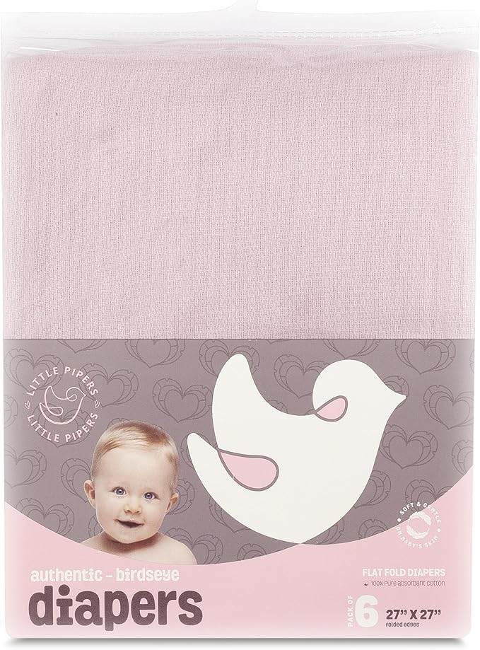 Deluxe 100% Natural Cotton Birdseye Cloth Diapers for Babies - Absorbent Cloth Diapers Burp Cloths - Pink - 6 Pack