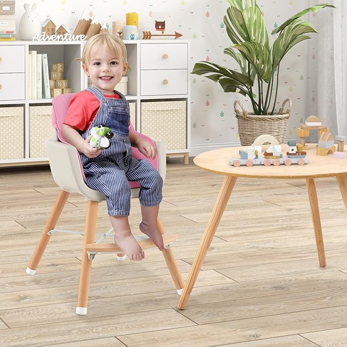 HONEY JOY Baby High Chair, 6-in-1 Eat & Grow Wooden Highchair/Toddler Chair with Removable Tray, 5-Point Harness, PU Cushion and Footrest, Convertible High Chair for Babies and Toddlers(Pink)