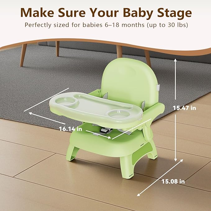 Booster Seat for Kitchen Chair, 3-in-1 Foldable & Portable Booster Seat with Tray, Extra Dishwasher-Safe Tray, Safety Straps for 6–18M (Up to 30 lbs), for Dining Table & Travel, Green