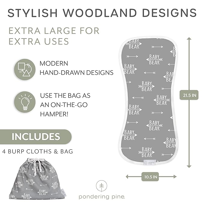 Organic Burp Cloths for Baby Boys and Girls with Bag - XLarge Absorbent Burping Clothes, Newborn Towel, Milk Spit Up Rags, Burpy Cloth Bib for Unisex, Boy, Girl, Baby Bear Woodland, 4 Pack
