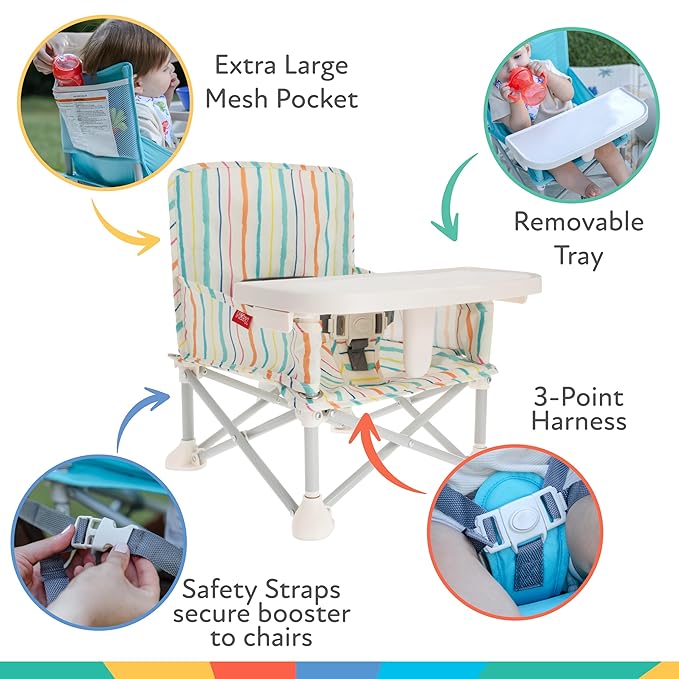 Nuby Pop-Up Booster Seat with Removable Tray - 6+ Months - Portable Booster Seat for Floor for Indoor/Outdoor Use - 3-Point Safety Adjustable Straps - Summer Travel Essentials - Stripes