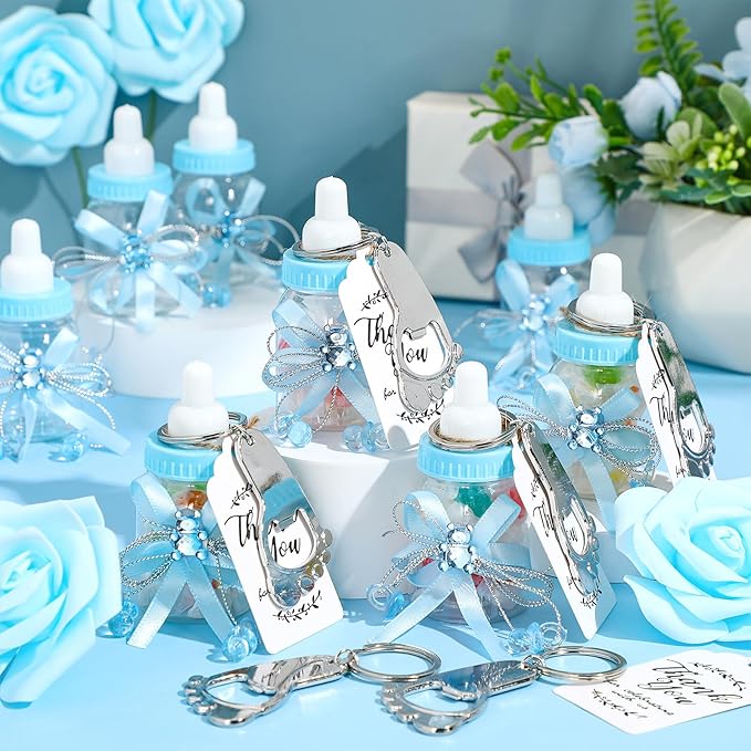 Sunnyray 150 Pcs Baby Shower Party Gift Bottles Games 50 Mini Milk Baby Bottles 50 Footprint Bottle Openers 50 Thank You Tag for Girl Boy Baby Shower Party Guest Return Gifts(Blue, Silver)