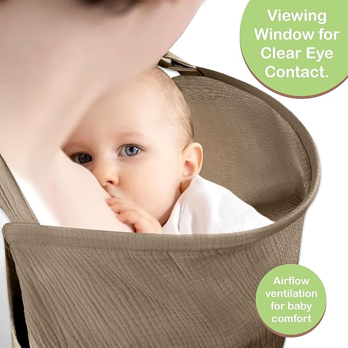100% Organic Cotton Nursing Cover & Shawl - 43 x 28 Inch Breathable Muslin Breastfeeding Nursing Apron Cover with Arch Neckline for Mothers, Multi-use Carseat Canopy (Beige)