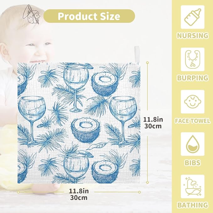 vvfelixl Baby Muslin Washcloths Wine Beach Party Baby Burp Cloths Cotton Babys Face Towel for Newborn Infants Boys Girls Soft and Absorbent 11.8 X 11.8 in, 3 Pack