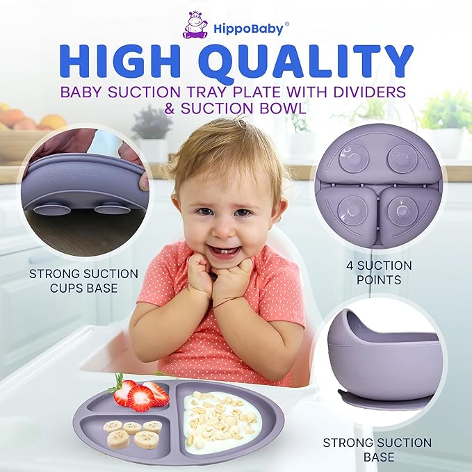 HippoBaby Baby Led Weaning Supplies | 10 Piece Silicone Feeding Set | Baby Toddler Bib Cup Divided Plate and Bowl Self Feeding Spoons Dish Set | Baby Utensils | Toddler Feeding Supplies (Lavender)