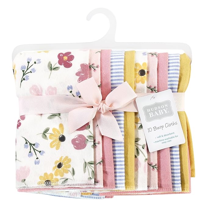 Hudson Baby Unisex Baby Cotton Flannel Burp Cloths, Soft Painted Floral 10 Pack, One Size