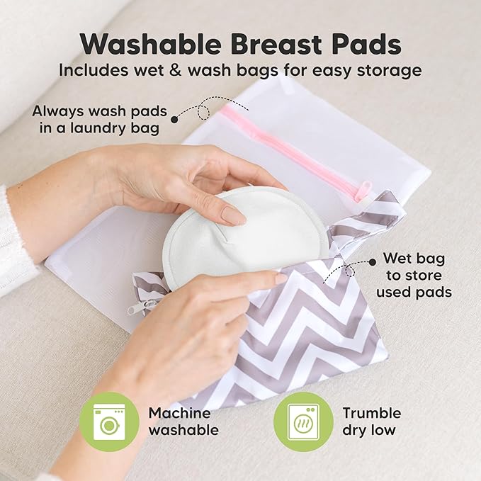 Organic Nursing Pads - 14 Washable Breast Pads for Breastfeeding, Wash Bag, Viscose Derived from Bamboo Reusable Nipple Covers for Breastfeeding Essentials, Soft & Absorbent(Soft White, L 5")