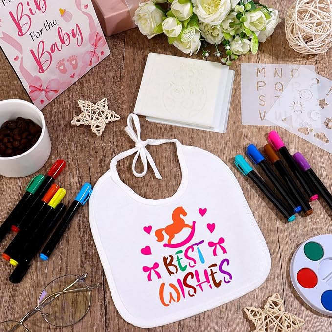 FIONUPI 55 Pcs Baby Bibs Decorating Kit Includes 1 Wooden Pink Bow Baby Shower Game Sign 22 DIY White Bibs 22 Bow Stencils 10 Colorful Markers Supplies for Shower Games
