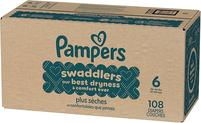 Pampers Swaddlers Diapers, Size 6 (23-44 lbs), 108 Count, Absorbent, Keeps Baby Dry and Comfortable, Skin Safe Disposable Baby Diaper (Packaging May Vary)