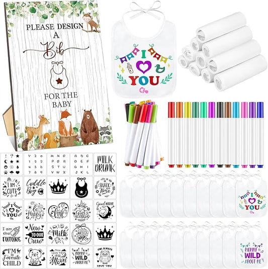 Panitay 100 Pcs DIY Baby Bibs Decorating Kit 50 White Bibs 25 Stencils 24 Markers 1 Baby Shower Game Sign