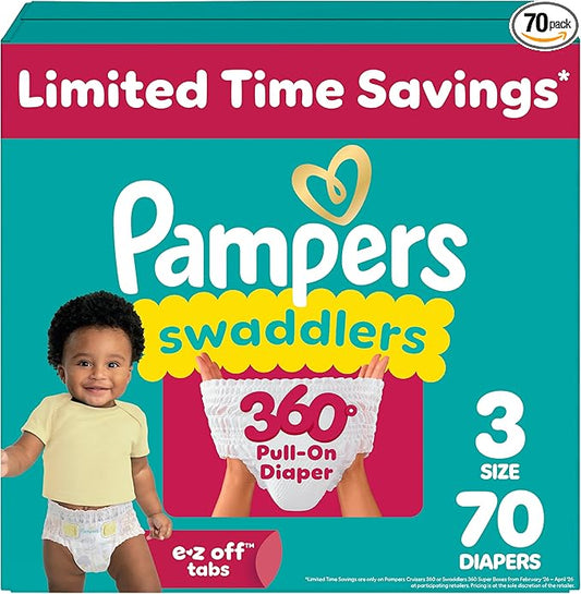 Pampers Diapers - Swaddlers 360° - Size 3, 70 Count, up to 100% Leakproof Comfy Dry Fit, Designed for Easy Changes, Pull On Baby Diaper (Packaging May Vary)