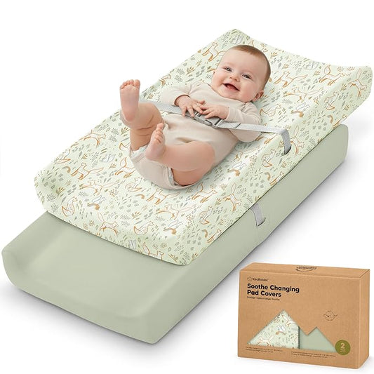 2-Pack Organic Changing Pad Covers for Girl, Boy, Neutral - 100% Cotton Changing Table Pad Cover, Soft Baby Nursery Diaper Changing Pad Sheets, Contour Changing Pads Liners, Change Pad Cover (Foxtrot)