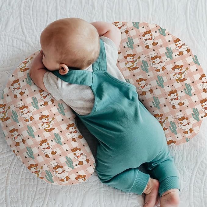 Geese Cowboy Baby Nursing Pillow Covers for Boy Girl Cute Western Duck Cactus Pink Checkered Nursing Pillowcase for Breastfeeding Pillows Wild West Animal Soft Stretchy Slipcovers for Newborn Infant