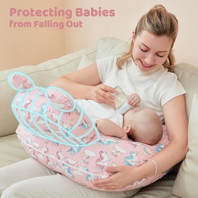 lasoftan Nursing Pillow for Breastfeeding, Breast Feeding Pillow for Mom Support, Adjustable Waist Strap and Removable Cotton Cover, Unicorn