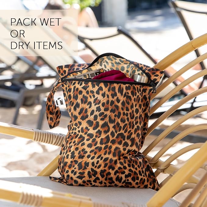 Bumkins Roamio- Waterproof Wet Bag & Clear Travel Bags - For Beach, Baby, Travel, Swim Suit, Cloth Diapers, Pump Parts, Pool, Gym, Toiletries - Reusable & Easy to Clean - Leopard - 4 Pack