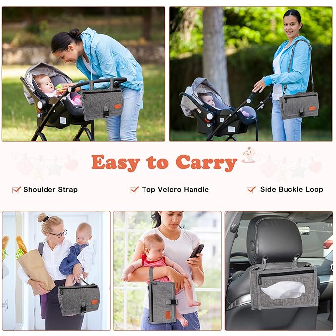 Portable Diaper Changing Pad, Newborn Diaper Changing Pad Baby Changing Pad with Smart Wipes Pocket Waterproof Travel Changing Kit for Girl Boy Baby Shower Gifts (Grey)