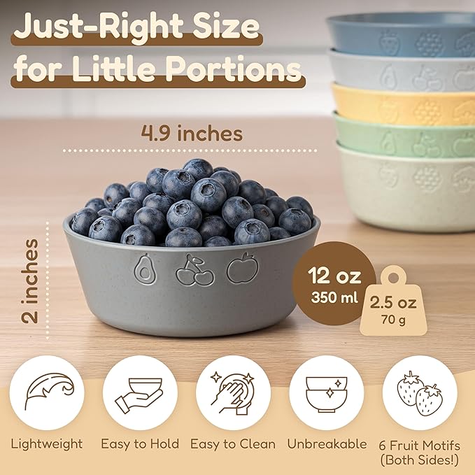 FOODLE 6pcs Wheat Straw Kids Bowls - 12oz Microwave & Dishwasher Safe Toddler Bowls - BPA Free & Non Toxic Dishes for Baby - Unbreakable and Durable Childrens Snack and Cereal Bowl