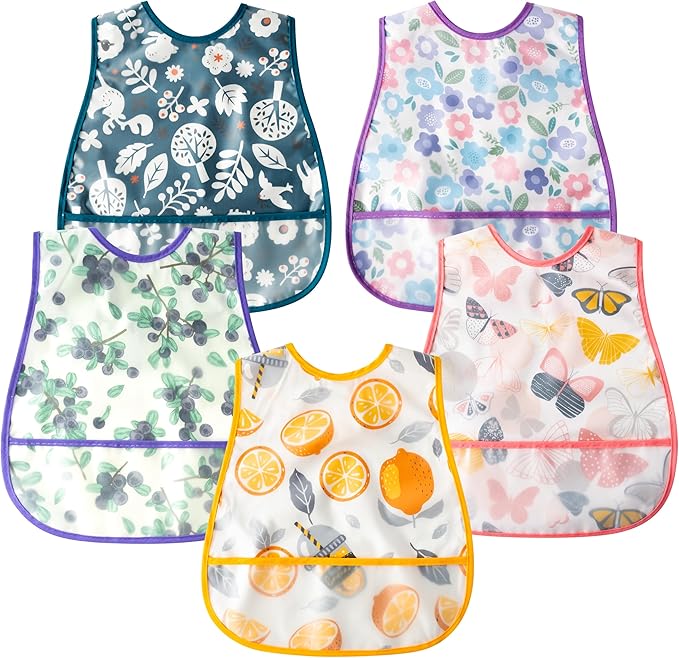 R HORSE 5Pcs Baby Bibs Set Toddler Bibs with Crumb Catcher Pocket & Snap Button Waterproof Baby Feeding Bibs for 6-24 Months