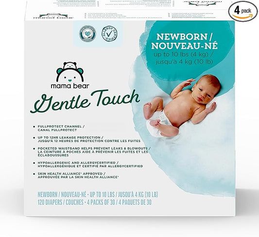 Amazon Brand - Mama Bear Gentle Touch Diapers, Hypoallergenic with Leak Protection, Size Newborn, 120 Count (4 packs of 30)