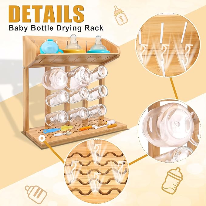 Windspeed Wooden Bottle Drying Rack for Baby Bottle Rack Dryer with Drain Pad, Space Saving for 11 Milk Glass Baby Feeder, Ideal Too for Busy Parents