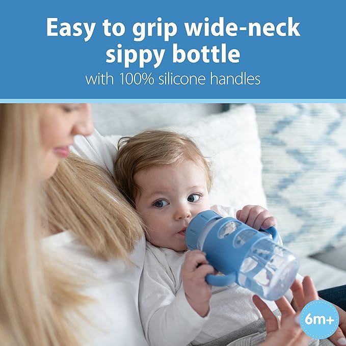 Dr. Brown's Milestones 9oz Wide-Neck Sippy Spout Bottle Bundle with Silicone Handles, Soft Sippy Spout, Green and Light Blue, 1-Pack Each, 6m+
