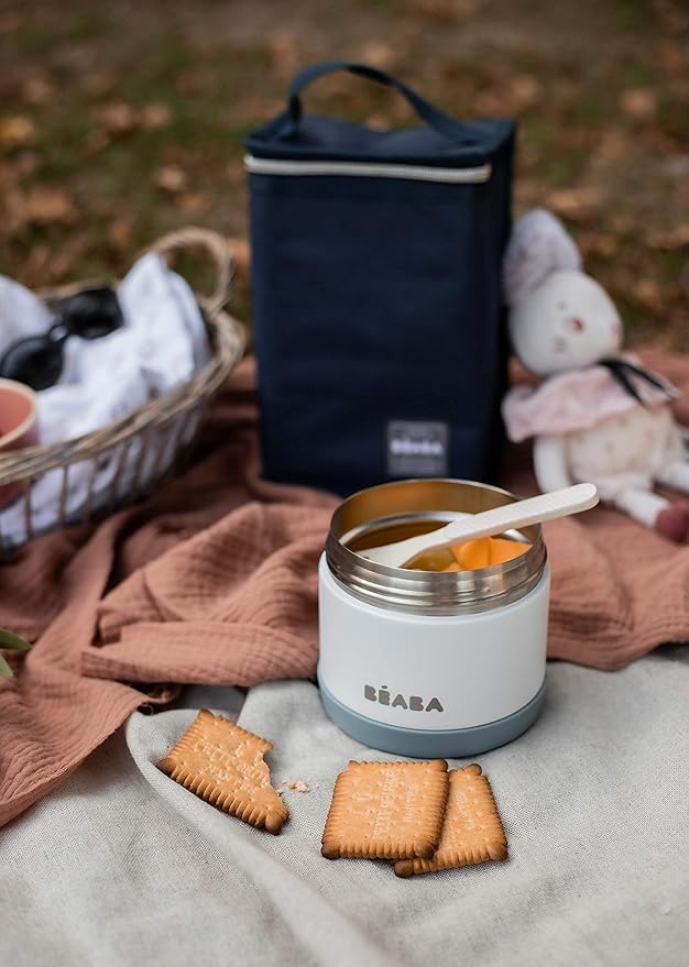 Beaba Stainless Steel Insulated Food Jar 16 oz, Kids Thermos, Lunch Containers, Leakproof, Wide Opening, Suitable for Hot and Cold Foods (Cloud)