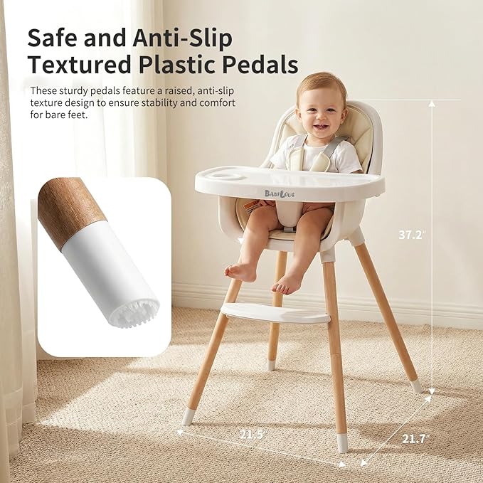 Baby High Chair Wooden Highchair with Removable Tray, Adjustable Legs, Cushion, 5-Point Harness & Footrest, Cream