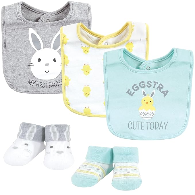 Hudson Baby Unisex Baby Cotton Bib and Sock Set, Eggstra Cute, One Size