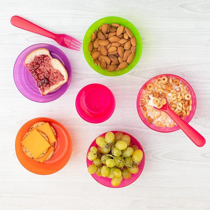 Kids Plastic Dinnerware Set of 72 Multi Color Pieces (Plates, Bowls, Cups and Flatware) - Reusable, BPA-Free, Dishwasher Safe and Microwaveable