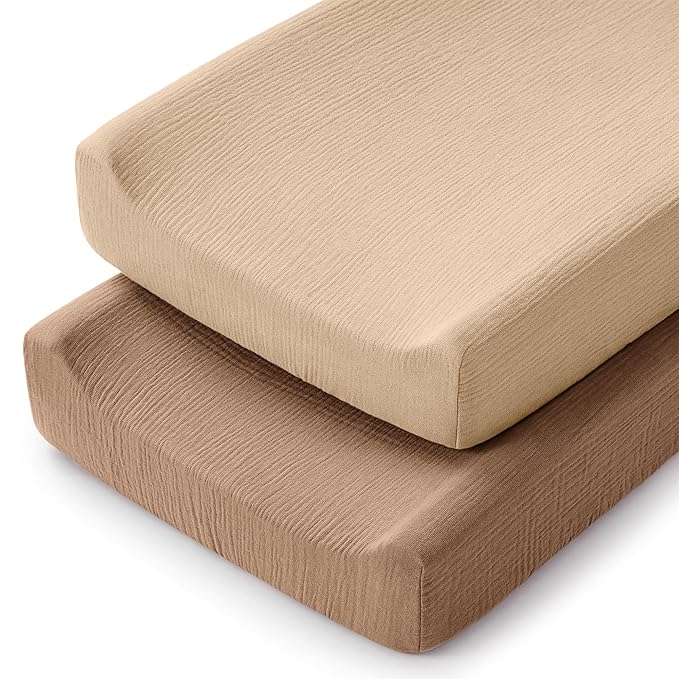 Comfy Cubs Muslin Fitted Changing Pad Cover Pack of 2, Cedar and Cream - Soft, Breathable & Washable 100% Cotton Fitted Sheet for Baby's Comfort - Universal Fit for Flat & Curved Baby Changer Pad