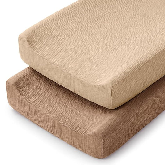 Comfy Cubs Muslin Fitted Changing Pad Cover Pack of 2, Cedar and Cream - Soft, Breathable & Washable 100% Cotton Fitted Sheet for Baby's Comfort - Universal Fit for Flat & Curved Baby Changer Pad