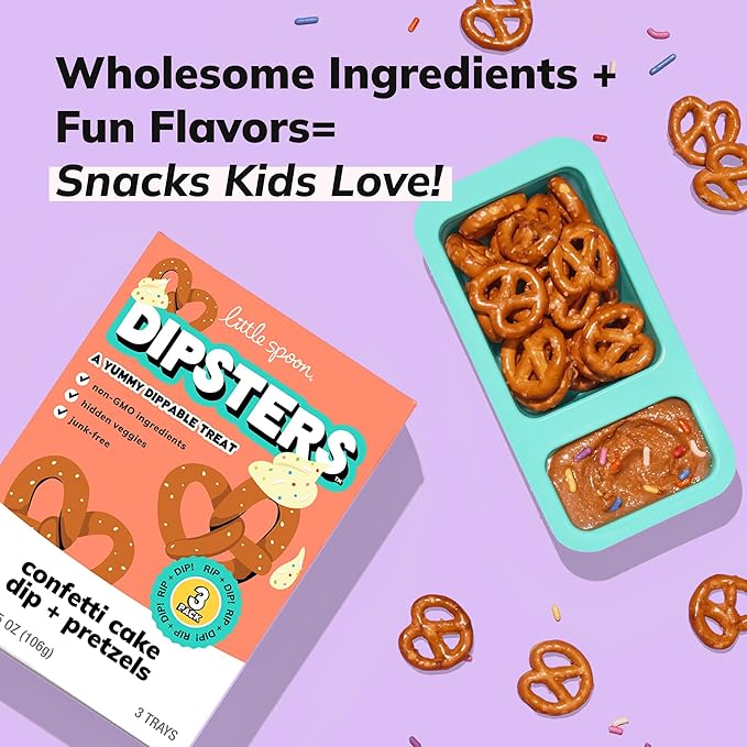 Little Spoon Confetti Cake Dip + Pretzels Dipsters, Big Kid Favorite Dunking Snack with Hidden Veggies, Organic Oats, Carrot & Butternut Squash, Maple Sweetened, Non-GMO, 2g Plant Protein, 3 Trays per Pack, Total of 12 Trays