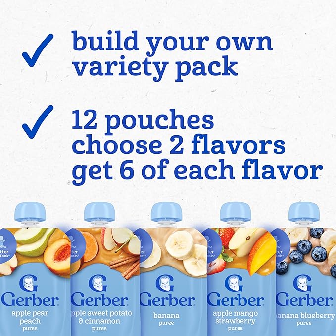 Gerber Stage 2 Baby Food, Fruit or Fruit and Veggie Puree Pouches, Build Your Own Variety Pack, Baby Food Pouches, 12-Pack