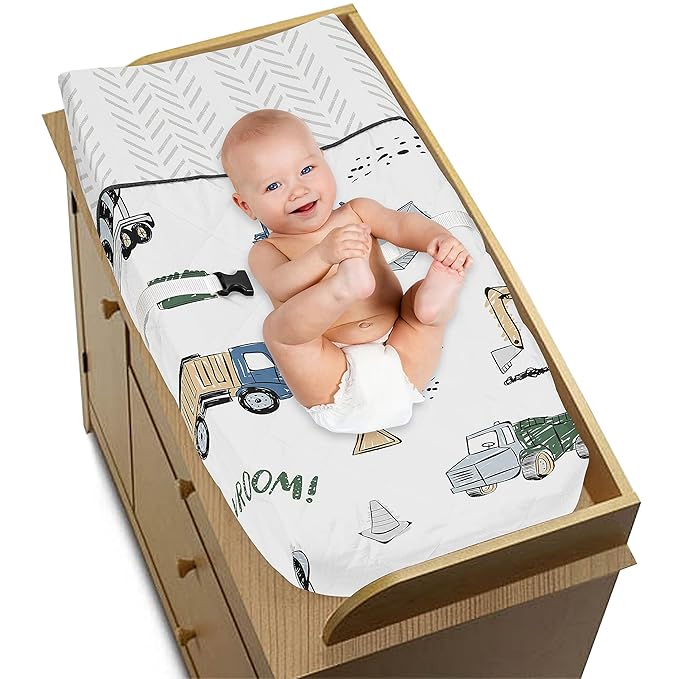 Sweet Jojo Designs Construction Truck Boy Baby Nursery Changing Pad Cover - Grey Yellow Black Blue and Green Transportation Chevron Arrow