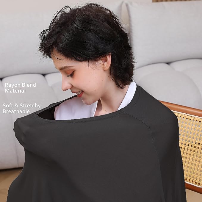 Seejoy Nursing Cover for Breastfeeding, 360°Full Coverage Nursing Poncho, Rayon Soft & Breathable Breastfeeding Cover up (Smooth Rayon, Black)