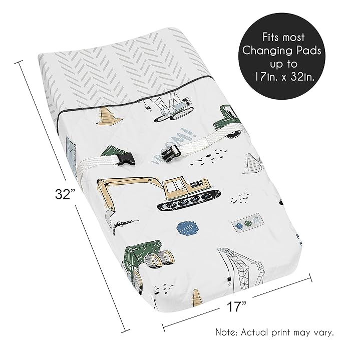 Sweet Jojo Designs Construction Truck Boy Baby Nursery Changing Pad Cover - Grey Yellow Black Blue and Green Transportation Chevron Arrow