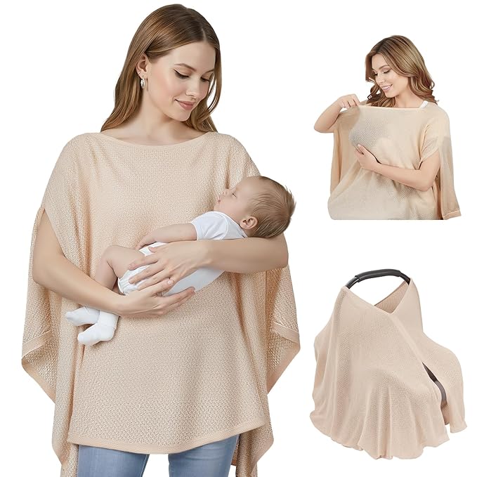 Knit Nursing Cover Up for Breastfeeding, Soft & Cozy Breastfeeding Poncho with Dual Side Slits, 360° Full Privacy Nursing Shawl with Laundry Bag, Beige