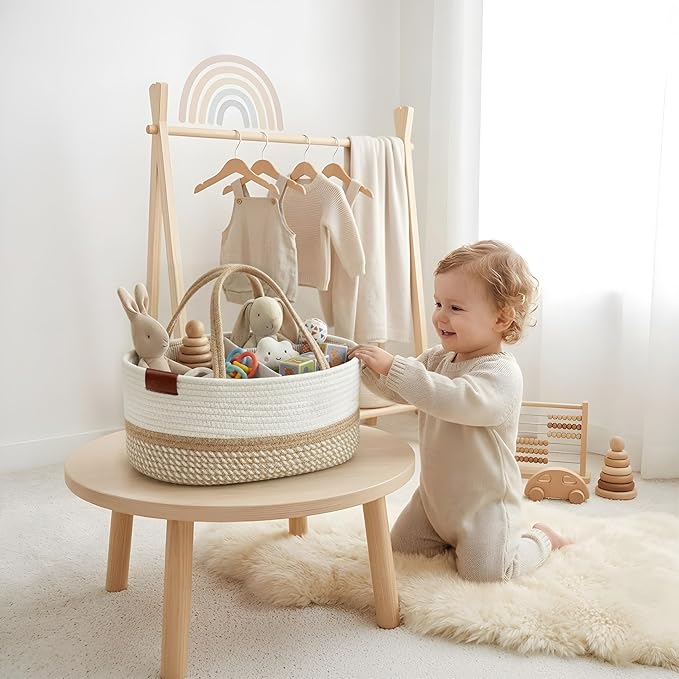 DECOMOMO XL Baby Caddy Organizer, Mother's Day Diaper Caddy Basket, Baskets for Baby Shower Gifts (Spiral Beige & White, Extra Large)