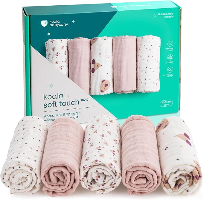 Koala Babycare 5 Pack 20"x10" Organic Burp Cloths for Baby Boys and Girls - GOTS & OEKO-TEX Cotton Burp Rags for Newborns - Absorbent Neutral Burping Cloths for Feeding - Washable Baby Bibs Essentials