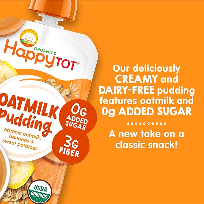HAPPYTOT Organics Oatmilk Pudding, Dairy-Free, Stage 4 Toddler Snack, Oatmilk, Bananas & Blueberries, 4 Ounce Pouch, Pack of 16