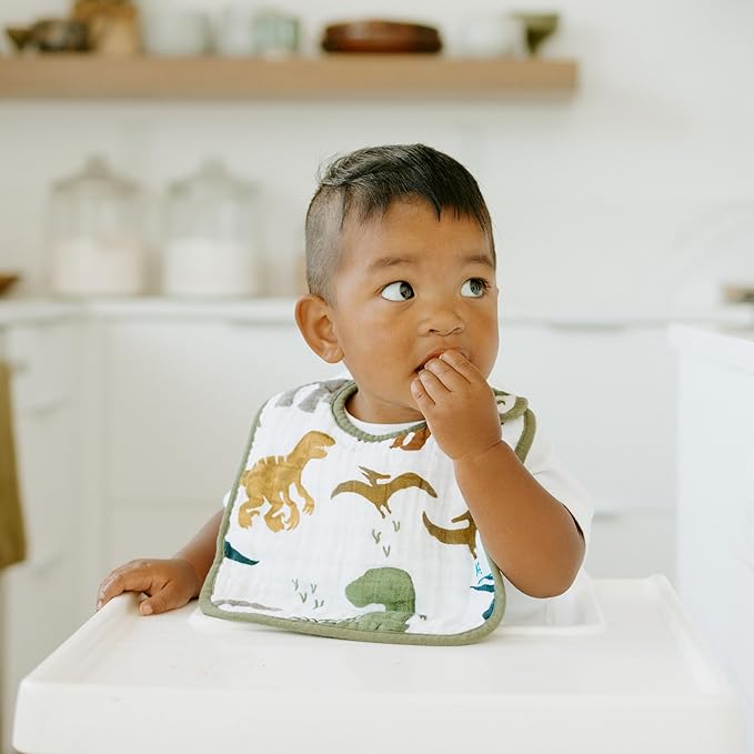 Little Unicorn Muslin Baby Bibs | Adjustable as Baby Grows | Soft Absorbent Muslin Fabric | For Eating, Drooling, Teething (Dino Friends)
