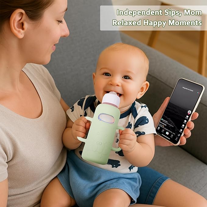 KingKam 4 Pack Silicone Sleeves for Dr. Brown's Glass Baby Bottles, Drop Protection Bottle Sleeves with Handles, Compatible with Dr. Brown's Anti-Colic Options+ Narrow Glass Baby Bottles, 8 oz/250 mL