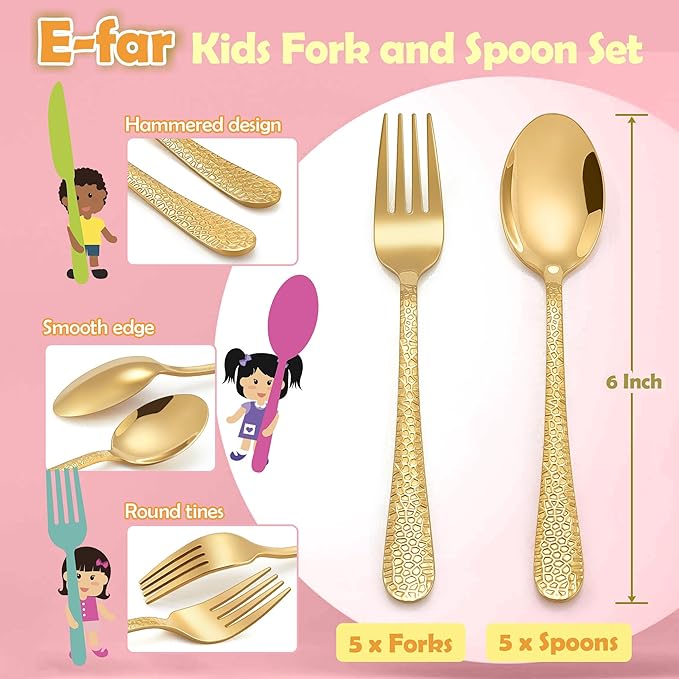 E-far Toddler Forks and Spoons Set, 10-Piece Stainless Steel Toddler Utensils Kids Safe Silverware for Self Feeding, Healthy & Non-Toxic, Gold