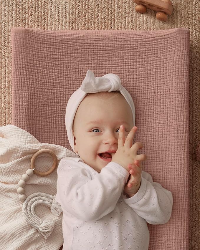 Blissful Diary Muslin Changing Pad Cover for Baby Girls, Ultra Soft Breathable Cotton, Baby Diaper Change Table Pad Covers, 2Pack (Blush Bunny & Dusty Pink)